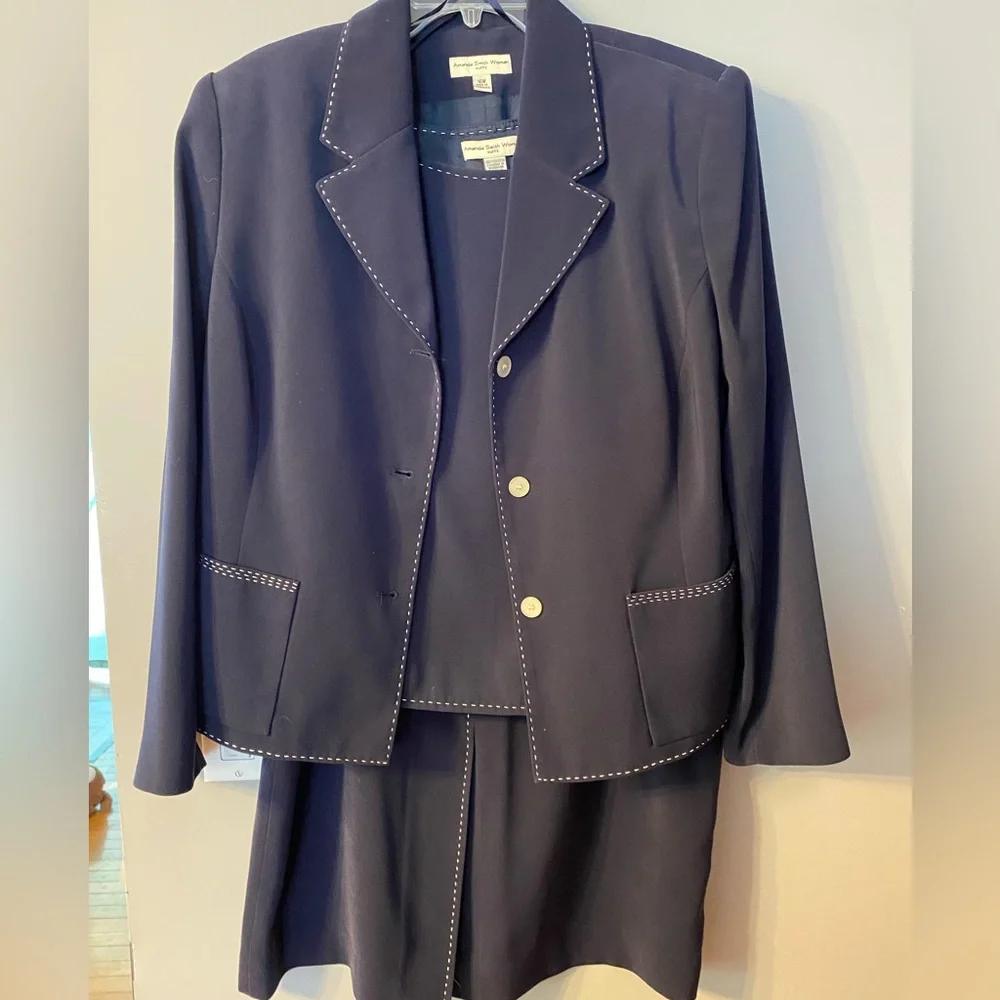 Amanda Smith Navy Blazer and Skirt Set with White Contrast Stitching